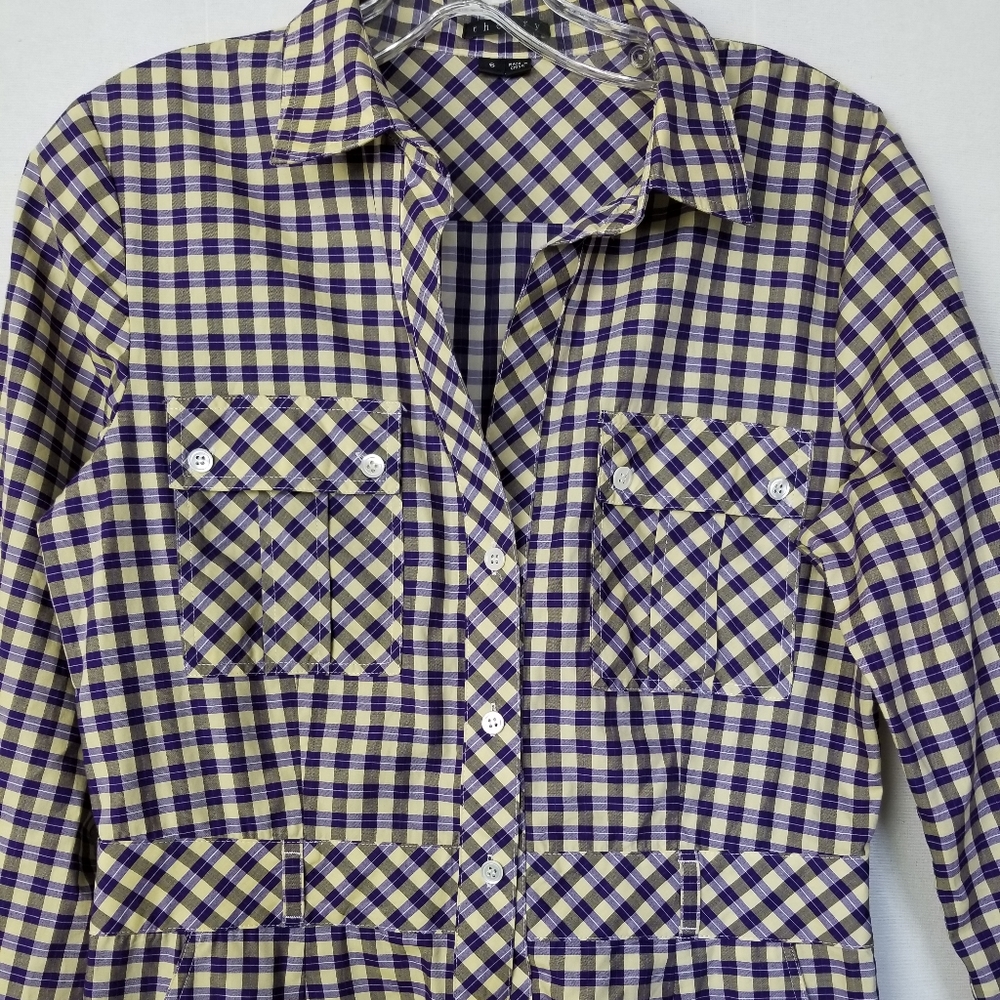 Theory Lidiya Purple Yellow Check Cotton Long Sleeve Shirt Dress Size 6 - Picture 4 of 14